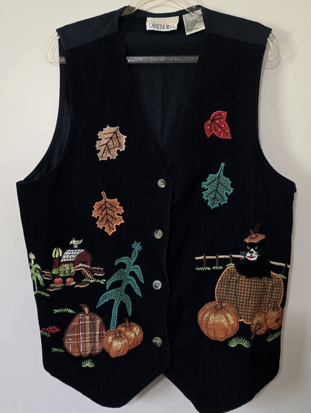 Vintage Corduroy Fall Embroidered Vest Black Cat Hobbitcore Cottagecore Large